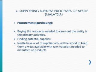 » SUPPORTING BUSINESS PROCESSES OF NESTLE 
(MALAYSIA) 
» Procurement (purchasing): 
» Buying the resources needed to carry out the entity is 
the primary activities. 
» Finding potential supplier. 
» Nestle have a lot of supplier around the world to keep 
them always available with raw materials needed to 
manufacture products. 
 