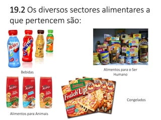 19.2 Os diversos sectores alimentares a 
que pertencem são: 
Bebidas 
Alimentos para o Ser 
Humano 
Alimentos para Animais 
Congelados 
 