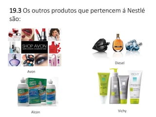 19.3 Os outros produtos que pertencem á Nestlé 
são: 
Avon 
Diesel 
Alcon Vichy 
 
