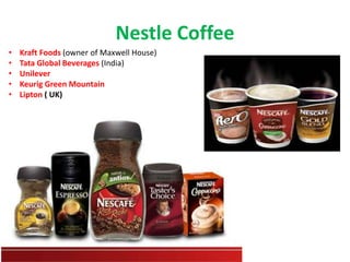 Nestle Coffee
• Kraft Foods (owner of Maxwell House)
• Tata Global Beverages (India)
• Unilever
• Keurig Green Mountain
• Lipton ( UK)
 