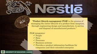 “Product lifecycle management (PLM) is the process of
managing the entire lifecycle of a product from inception,
through engineering design and manufacture, to service
and disposal of manufactured products.”
PLM integrates;
 People
 Data
 Processes
 Business systems
 Provides a product information backbone for
companies and their extended enterprise
 