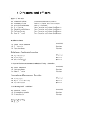  Directors and officers
Board of Directors
Mr. Suresh Narayanan Chairman and Managing Director
Mr. Shobinder Duggal Director - Finance & Control and CFO
Mr. Aristides Protonotarios Director - Technical
Mr. R. V. Kanoria Non-Executive and Independent Director
Mr. Ashok Kumar Mahindra Non-Executive and Independent Director
Mr. Ravinder Narain Non-Executive and Independent Director
Dr. Swati A. Piramal Non-Executive and Independent Director
Audit Committee
Mr. Ashok Kumar Mahindra
Chairman
Mr. R.V. Kanoria Member
Mr. Ravinder Narain Member
Stakeholders Relationship Committee
Mr. Ravinder Narain
Chairman
Mr. R.V. Kanoria Member
Mr. Shobinder Duggal Member
Corporate Governance and Social Responsibility Committee
Mr. Suresh Narayanan
Chairman
Mr. Ravinder Narain Member
Dr. Swati A. Piramal Member
Nomination and Remuneration Committee
Mr. R.V. Kanoria
Chairman
Mr. Ashok Kumar Mahindra Member
Mr. Ravinder Narain Member
Risk Management Committee
Mr. Shobinder Duggal
Chairman
Mr. Aristides Protonotarios Member
Mr. Anurag Dikshit Member
Company Secretary
Mr. B. Murli
 