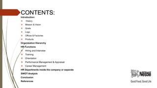 CONTENTS:
Introduction:
 History
 Mission & Vision
 Goals
 Logo
 Offices & Factories
 Products
Organization Hierarchy
HR Functions
 Hiring and Interview
 Training
 Orientation
 Performance Management & Appraisal
 Career Management
HR Departments inside the company or separate
SWOT Analysis
Conclusion
References
 