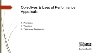 Objectives & Uses of Performance
Appraisals
 Promotions
 Validations
 Training and Development
 