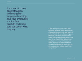contents
A fifth of the participants in the 2019
Randstad Employer Brand Research has
changed employers in the past year and
a third plans to do so in the coming year.
Moreover, half of last year’s switchers
intend to change employers again in the
next 12 months. With key skills in short
supply, and so many workers eager to
switch, how can you retain the talent
you want to keep and be first choice for
the ones planning to leave one of your
competitors?
ifyouwanttoboost
talentattraction
andstrengthen
employeebranding,
giveyouremployees
avoice,listen
carefullyandmake
sureyouactonwhat
theysay.
standing out 2019 | 55
 