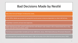 Bad Decisions Made by Nestlé
10
Baby infant formula Pelargon introduced by nestle,
In the 1970s, Nestle was accused of causing third-world women to become dependent on infant milk formula,
It had fewer nutrients and was more expensive,
Babies died because their mothers bottle-fed them with Western-style newborn milk in impoverished cities in Asia,
Africa, and Latin America (Krasny, 2012).
The formula increased infant mortality by 9.4 per 1000 births, (Jesse, 2018: National Bureau Of Economic Research)
It is estimated that nearly 66,000 babies died in 1981 at the peak of the infant formula controversy (Jesse, 2018)
 