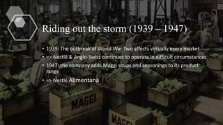 Riding out the storm (1939 – 1947)
• 1939: The outbreak of World War Two affects virtually every market
• => Nestlé & Anglo-Swiss continues to operate in difficult circumstances
• 1947: the company adds Maggi soups and seasonings to its product
range
• => Nestlé Alimentana
 