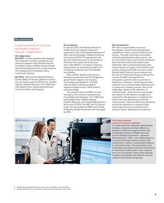 First step towards
made-to-measure vitamins
To understand the molecular relationships
between nutrients and their effects on
patients at different stages of their lives,
the Nestlé Institute of Health Sciences
and the Waters Corporation – based in
Massachusetts, USA – are collaborating on
a ground-breaking research project that
could lead to vitamin combinations tailored
to individual needs. The partnership aims
to develop new tests to measure the amount
of vitamins in bodily fluids, such as blood
and urine. Eventually, these tools will help
to define and address the specific nutrient
needs of individuals and groups.
Our progress
In January 2014, the Nestlé Institute of
Health Sciences signed a long-term
agreement with a USA-based developer of
stem cell technologies, Cellular Dynamics
International (CDI). The agreement will
give the Institute access to cell products,
obtained from adult non-embryonic
stem cells (iPSCs) 4, to support research
programmes on maintaining health and
managing conditions such as diabetes
and obesity.
Also in 2014, Nestlé entered into a
strategic partnership with the Singapore
government’s Agency for Science,
Technology and Research, A*STAR,
with the goal of setting up global
research programmes in food science
and technology.
The research teams at NRC are now
focused on five research programmes:
Food Safety and Integrity, First 1000 days
and Healthy Kids; Healthy Ageing;
Healthy Pleasure; and Sustainable Nutrition.
At the end of 2014, the NRC had 33 clinical
trials, 10 trials briefed by NRC and 23 trials
briefed by Nestlé businesses and managed
by NRC. 
3	 Russia has replaced France as one of the countries in the objective.
4	 Nestlé does not do any research using human embryonic stem cells.
Our commitment
Lead the industry in nutrition
and health research
through collaboration
Our objectives
By 2016 – Further develop and integrate
the molecular nutrition capabilities and
clinical strategies of the Nestlé Institute
of Health Sciences (NIHS) and the Nestlé
Clinical Development Unit to help improve
the management of diseases using
nutritional solutions.
By 2016 – Refocus the Nestlé Research
Center (NRC) on five key platforms where
we can make a positive difference: Healthy
Ageing; Healthy Pleasure; First 1000 days
and Healthy Kids; Sustainable Nutrition;
and Food Safety and Integrity.
Our perspective
We have a responsibility to use our
knowledge, research and development
capability to make a positive difference to
society. Through investing in innovation
and leveraging leading-edge science, we
are striving to forge a new industry between
food and pharmaceuticals based upon
inherently safe nutritional therapies with
relevant levels of quality of life benefits and
proven clinical and health economic value.
Nestlé Health Science aims at advancing
the role of nutritional therapy to change the
course of health management for
consumers, patients and our partners in
healthcare. However, converting scientific
research into a commercially viable product
is a long and complex process. One of the
challenges relates to the definition of
medical foods – foods that are specifically
formulated for the dietary management
of patients with diseases or conditions for
which there are distinctive nutritional
requirements. There are still many questions
around the definition of medical foods,
which have knock-on implications for
product claims, labelling and marketing.
9
 