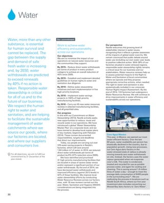 Water
Work to achieve water
efficiency and sustainability
across our operations
Our objectives
We aim to minimise the impact of our
operations on natural water resources and
the communities they support.
By 2015 – Reduce direct water withdrawals
per tonne of product in every product
category to achieve an overall reduction of
40% since 2005.
By 2015 – Establish and implement detailed
guidelines on human rights to water and
sanitation due diligence.
By 2016 – Define water stewardship
initiatives and start implementation in five
high-priority locations.
By 2016 – Implement water savings
projects in 100% of high-priority
manufacturing facilities.
By 2016 – Carry out 45 new water resources
reviews in selected manufacturing facilities,
and all greenfield sites.
Our progress
In line with our Commitment on Water
Stewardship (2013), Nestlé actively seeks
new opportunities to reduce, reuse and
recycle water in our operations. We have
introduced a global ‘Water Stewardship
Master Plan’ at a corporate level, and we
have started to develop local master plans
in key markets, beginning with Pakistan
(2014). These contain documented
responsibilities, targets and deadlines
that direct our improvements.
Today, our people are carrying out over
376 water-saving projects in Nestlé’s
factories, which will save around
1.84 million m3 of water. In 2014, we reduced
direct water withdrawals per tonne of
product by 6% (37% reduction since 2005).
We have identified and prioritised
31 high-priority manufacturing facilities that
are located in areas of severe water stress
and/or represent a significant portion of our
water withdrawals. By the end of 2014, we
have decreased water withdrawals and
improved efficiency (against 2013 levels) in
42% of these facilities. We improve local
water stewardship efforts by conducting
Water Resource Reviews across our factory
sites, with 18 new reviews carried out this
year. Water, Sanitation and Hygiene (WASH)
considerations are being integrated into
the process.
Our perspective
Nestlé welcomes the growing level of
stakeholder interest in water issues,
recognising that it reflects a greater awareness
of the impacts of global water scarcity. We
remain convinced that public debate around
water use (including our own water use), leads
to positive collective action. With 38% of our
factories situated in water-stressed regions,
responsible water stewardship rightly remains
a critical issue for our business and our
stakeholders. Water resource reviews help us
to assess potential impacts to the Right to
Water and Sanitation of local communities
where we operate and they propose
appropriate corrective actions, when needed.
The right to water and sanitation is also
systematically included in our corporate
Human Rights Impact Assessment. By the
end of 2014, 133 factories had undergone a
Water Resources Review. We will continue to
drive improvements in water efficiency and
sustainability across our operations.
Our commitment
Cero Agua Mexico
This year, in Mexico, we opened our most
water-efficient factory. Over the last
60 years, water availability per person has
drastically declined in the country, due to
population growth. Using new processes,
our Cero Agua dairy factory in the
water-stressed state of Jalisco is already
moving towards zero water withdrawals
on-site. Instead, the factory uses the water
vapour generated when we evaporate
cow’s milk. This water is condensed,
treated and recycled for use as potable
process water, and again for cooling and
cleaning. This is saving around 1.6 million
litres of water a day – enough to meet the
average daily consumption of 6400 people
in the surrounding area 21. We are
replicating the process in locations such as
Nestlé South Africa, where our five-year
investment plan includes converting our
Mossel Bay dairy factory to ‘Zero Water’.
Water, more than any other
substance, is essential
for human survival and
cannot be replaced. The
gap between the supply
and demand of safe
fresh water is increasing
and, by 2030, water
withdrawals are predicted
to exceed renewals
by 40% if no action is
taken. Responsible water
stewardship is critical
for all of us and to the
future of our business.
We respect the human
right to water and
sanitation, and are helping
to facilitate the sustainable
management of water
catchments where we
source our goods, where
our factories are located,
and where our suppliers
and consumers live.
	
For all objectives, we aim to fulfil our
commitment by 31 December of the
year stated.
Nestlé in society22
 