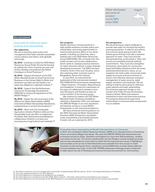 Water discharges
per tonne of
product
cut by 52%
since 2005
Advocate for effective water
policies and stewardship
Our objectives
We aim to promote water policy and
management that helps towards sustainable
use by industry and others, both globally
and locally.
By 2016 – Continue to build the 2030 Water
Resources Group Public Private Partnership
by adding two more countries per year and
further develop and publicise the Global
Catalogue on Good Practices.22
By 2016 – Support the launch of the CEO
Water Mandate Guide on Good Practices for
Business on the Human Right to Water and
Sanitation and pilot test the Guide in our
water due diligence in selected markets.23
By 2016 – Support the World Business
Council for Sustainable Development
(WBCSD) to achieve 50 signatories of the
WASH Pledge.24
By 2016 – Initiate the roll-out process of the
Alliance for Water Stewardship’s (AWS)
International Water Stewardship Standard by
implementing it in at least five locations.22
By 2016 – Work with the Sustainable
Agriculture Initiative Platform (SAI) and the
Sustainable Food Lab (SFL) to implement
the Water Risk Assessment and Mitigation
collaboration initiative in at least one
sourcing area of agricultural raw materials.25
Our progress
Nestlé maintains a strong presence in
high-profile initiatives on water policy and
stewardship, promoting opportunities to
improve best practice. Many of our senior
people, including our Chairman, play a
leading role in the 2030 Water Resources
Group (2030 WRG). We currently chair this
public-private-civil society collaboration,
which seeks to catalyse practical solutions
for water resources reform in water-stressed
developing economies. The WRG has been
invited to work in Peru and Tanzania, and is
also exploring other countries such as
Bangladesh, Kenya and Lebanon.
In July 2014, we welcomed the
publication of the international standard
ISO 14046:2014 Environmental management
– Water footprint – Principles, Requirements
and Guidelines. It marks the culmination of
five years of collaboration between more
than 90 experts and Nestlé has been an
active member of the working group.
We continue to support the CEO Water
Mandate Public Disclosure Guidelines,
released in September 2014, and champion
the WBCSD Pledge in our own operations
and beyond, acting as a vocal WASH
Ambassador on the international platform.
We have produced internal guidance on
the AWS International Water Stewardship
Standard (AWS Standard) to strengthen
water stewardship at key Nestlé locations.
A wider roll-out is planned for 2015.
Promoting water stewardship at Nestlé’s Douala factory in Cameroon
In 2014, we completed a Water Resources Review (WRR) at our Douala factory in Cameroon
where we produce Maggi soup bases. We used the WBCSD WASH self-assessment tool
to examine access to water, sanitation and hygiene for more than 500 employees, vendors
and visitors to the site. The factory satisfactorily met the Pledge’s overall compliance levels,
and we have developed an action plan to tackle the few improvement issues it highlighted.
Communities as far as two to three kilometres away benefit from free access to water
fountains on site during set hours, resulting in around 5000 litres of water being collected
by local residents every day. A new CHF 474 905 wastewater drainage project is planned
to help reduce the risk of flooding and improve the local environment for communities.
Our commitment
21	 This figure is based on use of an average daily consumption of approximately 250 l per person. Source: Tecnologías Alternativas y Ecodiseño.
22	This is an ongoing extension of our 2014 objective.
23	Our 2014 objective to contribute to the Guidelines was achieved.
24	Our 2014 objective to contribute to the ISO 14046: Water Footprint – Principles, Requirements and Guidelines was achieved.
25	Our 2014 objective to use the principles of the AWS Standard as a self-assessment guide at selected high-priority locations was achieved.
Our perspective
We are all facing an urgent challenge to
provide safe water for and feed the world’s
growing population. It calls for joint efforts
and common goals going forward. We
believe governments must take a systemic
approach to water. They must provide
strong leadership, avoid acting in ‘silos’ and
ensure accountability towards political
commitments. They must also strengthen
institutions, particularly for community-
based affordable solutions within the water
safety/sanitation/poverty nexus, act as
regulators (for both public and private water
supply structures) and set incentives to
ensure cost-effective solutions and good
management of water security, water
supply, sanitation and treatment. We are
willing to help by advocating for effective
water policies and water stewardship.
Our proactive approach brings us into
contact with Public Private Partnerships,
industry bodies, NGOs and research
institutions to learn and share best practice.
The progress delivered through these
relationships is communicated transparently
via our website.
23
 