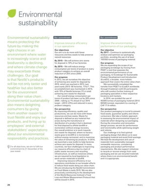 Environmental
sustainability
Improve the environmental
performance of our packaging
Our objective
By 2017 – Continue to systematically
analyse and optimise our packaging
portfolio, avoiding the use of at least
100 000 tonnes of packaging material.
Our progress
We are expanding the scope of our
packaging ecodesign by moving from
PIQET, a tool that assesses the
environmental performance of our
packaging, to Ecodesign for Sustainable
Product Development and Introduction
(EcodEX), a broader, more holistic
approach that covers the entire value chain.
We successfully completed the
transfer from PIQET to EcodEX worldwide
through 8 webinars with 63 participants
who will conduct further training of
packaging specialists in their respective
locations and markets.
In 2014, we avoided the use of
45 805 tonnes of packaging material (2013:
66 594 tonnes), equivalent to a saving of
CHF 77.4 million.
Our perspective
Our product packaging is crucial to prevent
food waste, guarantee quality and inform
consumers. We take a holistic approach
to assessing the environmental impact of
materials when designing our packaging.
During the innovation and renovation
design process, we aim for performance
and functionality while optimising weight
and volume.
Our challenge is to find optimal
packaging design that allows us to save
packaging material and avoid food wastage.
We lead the development and use of
materials from sustainably managed
renewable resources, considering
packaging and product performance
requirements. We also support initiatives
to recycle or recover energy from used
packaging and we use recycled materials
where there is an environmental benefit
and it is appropriate.
Our commitment
Improve resource efficiency
in our operations
Our objectives
Our aim is to do more with fewer
resources and less waste to help preserve
natural resources.
By 2015 – We will achieve zero waste
for disposal in 10% of our factories.
By 2015 – We will reduce energy
consumption per tonne of product in every
product category to achieve an overall
reduction of 25% since 2005.
Our progress
In 2012, we set ourselves the objective
of achieving zero waste for disposal by
2015, which we reached in 2013, two
years early (2013: 56 factories, 11%) 27. This
accomplishment was maintained in 2014,
with 15% of Nestlé factories (72 in total)
achieving zero waste for disposal.
Our overall energy consumption per
tonne of product has been cut by 26% since
2005 ­– taking us 1% ahead of our 2015
target­– (2013: 23%) and reduced in every
product category.
Our perspective
By improving efficiency, quality and
productivity, we can do more with fewer
resources and less waste. Waste for
disposal is defined as any material that
arises during the manufacture or
distribution of a product that is destined
for final disposal to offsite landfill or
incineration without energy recovery.
Our overall ambition is to work towards
zero waste for disposal, where no factory
waste goes to landfill or is incinerated
without energy recovered, and to maximise
the value of remaining by-products. In 2014,
we launched a new toolkit to help factories
achieve zero waste for disposal. In many
countries, we face challenges to improving
our resource efficiency due to a lack of
public waste recovery and recycling
infrastructure, as well as instances where
we are required by local legislation to
send certain materials to landfill.
Improving resource efficiency in our
operations contributes to our broader efforts
to reduce food waste along our value chain.
We are introducing the Nestlé Commitment
on Food Waste in early 2015. We are also
proactively contributing to the development
of the World Resources Institute’s Food
Loss and Waste Measurement Protocol that
will be issued in 2015.
Our commitmentEnvironmental sustainability
means protecting the
future by making the
right choices in an
environment where water
is increasingly scarce and
biodiversity is declining,
and where climate change
may exacerbate these
challenges. Our goal
is that Nestlé’s products
will be not only tastier and
healthier but also better
for the environment
along their value chain.
Environmental sustainability
also means delighting
consumers by giving
them another reason to
trust Nestlé and enjoy our
products, and living up to
employees’ and external
stakeholders’ expectations
about our environmental
responsibility and practices.
	
For all objectives, we aim to fulfil our
commitment by 31 December of the
year stated.
Nestlé in society26
 