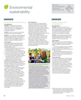 Provide climate change leadership
Our objectives
By 2014 – Expand the use of natural
refrigerants, which do not harm the
ozone layer and have a negligible impact
on climate change, in our industrial
refrigeration systems.
By 2015 – All of our new ice cream chest
freezers will use natural refrigerants.
By 2015 – To contribute to greenhouse gas
(GHG) emission reduction, we will reduce
our direct GHG emissions per tonne of
product by 35% since 2005, resulting in an
absolute reduction of GHG emissions.
Our progress
During UN Climate Week 2014, Nestlé
endorsed ambitious commitments on
climate change. The pledges we made
included signing up to:
•	the UN Caring for Climate: The Business
Leadership Platform statement;
•	the Trillion Tonne Communiqué of the
Prince of Wales Corporate Leaders Group;
•	the New York Declaration on Forests; and
•	the six climate action initiatives of CDP
on science-based GHG reduction targets,
renewable electricity, deforestation,
climate change information and
engagement, and carbon pricing.
We began piloting Mind the Science,
Mind the Gap methodology, a collaboration
between the CDP, the World Resources
Institute, UN Global Compact and the WWF
to engage companies in setting science-
based GHG reduction targets.
By the end of 2014, we had phased out
92% of our industrial refrigerants (2013:
93%), replacing them with natural
refrigerants. This slight decrease is due
to some divestitures of installations using
natural refrigerants. Our new horizontal
ice cream chest freezers, which represent
70% of Nestlé’s total spend on freezers,
now consume 50% less energy.
We have reduced our direct GHG
emissions per tonne of product by 40%
since 2005, achieving an absolute reduction
of 11.4% and taking us 5% ahead of our
2015 target (2013: direct GHG emissions
declined 35% between 2005 and 2013),
while production increased by 48%
since 2005.
Preserve natural capital,
including forests
Our objectives
By 2015 – 30% of the volume of our
12 priority categories of raw materials has
been assessed against our Responsible
Sourcing Guideline requirements and is
compliant, or improvement plans to
preserve natural capital are ongoing.
By 2015 – Improvement programmes are
taking place for all factories adjacent to
Important Water Areas 30 to improve our
impacts on the surrounding area.
Our progress
28% by volume of our priority categories
are now responsibly sourced in accordance
with our guideline requirements (2013:
17%).
In 2014, the pledges we made included
backing the New York Declaration on
Forests, whose vision is to halt and reverse
the loss of forests.
We continue to identify improvement
programmes at those factories adjacent to
Important Water Areas and will report our
progress next year.
Our perspective
We source a large range of raw materials
from farms and forests, and we recognise
our long-term success depends on the
products and services provided by
natural capital. That is why, in our Nestlé
Commitment on Natural Capital, we state
our intention to manage our operations
in a way that protects forests, biodiversity
and ecosystem services; act as a
responsible steward of natural capital;
report on risks and responses; support
consumers to make better-informed
choices; and work with stakeholders.
Our perspective
Our commitment to providing climate
change leadership goes far beyond just
reducing air emissions. It also includes
responsible water stewardship; striving
for zero waste; using energy and resources
efficiently; switching to cleaner fuels;
investing in renewable energy sources;
optimising distribution networks; and
helping to adapt agricultural and production
systems to the changing climate.
Although business is only part of the
solution, we are eager to participate at a
wider, collaborative level, which is why
we support a range of industry and
multi-agency initiatives. We also work
with farmers to help them adapt to climate
change, and we help consumers to reduce
energy consumption and emissions when
preparing their food.
Environment and water education for
communities in Indonesia
Our Kejayan factory in Indonesia is built
in a rural area where the community relies
on agriculture for income, but lacks
sufficient knowledge and awareness to
apply water conservation best practices.
Nestlé is committed to water sustainability
that benefits stakeholders along the value
chain. In 2014, we launched an
Environmental Education for Students
programme that aims to raise students’
environmental awareness and help them
influence their parents to also contribute
to environment and water conservation.
The programme will be conducted at every
elementary school in the sub-district,
reaching an average of 1000 pupils each
year, and in 2015 throughout Indonesia
via the Healthy Kids Programme.
Our commitment Our commitment
92% of our
industrial refrigerants
replaced with
natural ones in 2014
30 	Water-related areas of a catchment that are legally
protected or under a conservation agreement and
which, if impaired or lost, could adversely impact the
environmental, social, cultural or economic benefits
derived from the catchment in a significant or
disproportionate manner.
Environmental
sustainability
Nestlé in society28
 