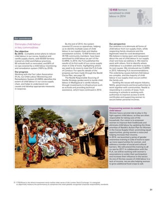 Our perspective
Our ambition is to eliminate all forms of
child labour from our supply chain, while
respecting family situations and the
legitimate need for rural development.
We believe in being open and transparent
about the use of child labour in our supply
chain and how we address it. We need to
work with others, first to identify where
child labour is a problem and then to tackle
its root causes. We introduced our CLMRS
in 2013, following FLA recommendations.
The underlying causes behind child labour
are complex, and the majority of child
labour in our supply chain occurs within
the family unit.
Tackling the issues will require industry,
NGOs, governments and local authorities to
work together with communities. Nestlé is
responding in a variety of ways, from
investing in schools to working with
authorities to improve access to birth
certificates and supporting women to
secure better personal incomes.
Empowering women to combat
child labour
Women have a pivotal role to play in the
fight against child labour, as they are often
responsible for taking care of the
household. Our vision is to empower
women to improve their livelihoods and
eliminate child labour by updating the three
priorities of Nestlé’s Action Plan for Women
in the Cocoa Supply Chain: promoting equal
opportunities, giving women a voice and
helping increase their income.
In 2014, we launched a series of gender
awareness training in Côte d’Ivoire to open
up more opportunities for women, and
address a number of social and cultural
barriers. We will extend this training to all
co-ops by 2017. In collaboration with the
FLA, we will be working with women’s
associations to widen their participation
and increase their influence in the sector.
As one of the key causes of child labour is a
lack of income, we are also helping women
to grow additional food crops to sell.
Eliminate child labour
in key commodities
Our objective
By 2015 – Complete action plans to reduce
child labour in our cocoa, hazelnut and
vanilla supply chains, with 60 000 farmers
trained on child work/labour practices,
60 schools built or renovated, and 80% of
co-ops covered by a child labour monitoring
and remediation system (100% by 2016).
Our progress
Working with the Fair Labor Association
(FLA), our Child Labour Monitoring and
Remediation System (CLMRS) identifies the
extent of child labour in our cocoa supply
chain, and helps to understand root
causes and develop appropriate measures
in response.
Our commitment
12 458 farmers
sensitised to child
labour in 2014
31	 FTSE4Good is the ethical investment stock market index series of the London Stock Exchange. It is designed
to objectively measure the performance of companies that meet globally recognised corporate responsibility standards.
By the end of 2014, the system
covered 22 cocoa co-operatives, helping
us to identify multiple cases of child
labour in our supply chain and deploy
remediation actions. 12 458 farmers and
35 736 community members have been
sensitised to child labour as part of the
CLMRS. In 2014, the FLA published the
results of its first audit of our cocoa supply
chain in Côte d’Ivoire, highlighting where
we need to do more to meet the FLA Code
of Conduct. For specific details of the
progress we have made through the Nestlé
Cocoa Plan, see page 20.
The Nestlé Responsible Sourcing of
Vanilla Strategy guides work to tackle child
labour in Madagascar’s vanilla industry,
through investments in infrastructure such
as schools and providing technical
assistance, which have continued in 2014.
31
 