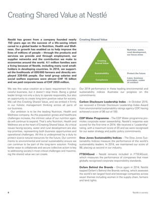 Nestlé has grown from a company founded nearly
150 years ago on the success of a life-saving infant
­cereal to a global leader in Nutrition, Health and Well-
ness. Our growth has enabled us to help improve the
lives of millions of people – through the products and
services we provide and through employment, our
supplier networks and the contribution we make to
economies around the world. 4.1 million families earn
a living because of Nestlé, including many rural small-
holders in developing countries. In 2014, we support-
ed the livelihoods of 695 000 farmers and directly em-
ployed 339 456  people. Our total group salaries and
social welfare expenses were ­almost CHF  16  billion
and we paid corporate taxes of CHF 2859 million.
We see this value creation as a basic requirement for suc-
cessful business, but it doesn’t stop there. Being a global
leader brings not only a duty to operate responsibly, but also
an opportunity to create long-term positive value for society.
We call this Creating Shared Value, and we embed it firmly
in our holistic management thinking across all parts of
our business.
Our ambition is to be the leading Nutrition, Health and
Wellness company. As the population grows and healthcare
challenges increase, the intrinsic value of our nutrition agen-
da will continue to expand. That’s why Nutrition, Health and
Wellness are at the heart of Creating Shared Value. As critical
issues facing society, water and rural development are also
top priorities, representing both business opportunities and
operational challenges. All this is underpinned by a duty to
protect scarce natural resources for the future. Our commit-
ments to environmental and social sustainability ensure we
can continue to be part of the long-term solution. Finding
better ways to collaborate and secure collective action is key
to addressing society’s most critical challenges and maximis-
ing the shared value we can create.
Creating Shared Value at Nestlé
Our 2014 performance in these leading environmental and
sustainability indices illustrates our progress on the
commitments:
Carbon Disclosure Leadership Index – In October 2014,
we received a Climate Disclosure Leadership Index Award
from environmental sustainability ratings agency CDP, having
achieved a score of 96 out of 100.
CDP Water Programme – The CDP Water programme pro-
motes corporate water stewardship. Nestlé’s response was
scored for the first time in 2014. We received a ‘Leadership’
rating, with a maximum score of 20 and we were recognised
for our water strategy and public policy commitments.
Dow Jones Sustainability Indices – The Dow Jones Sus-
tainability Indices measure the performance of the world’s
sustainability leaders. In 2014, we maintained our score of
88, placing us second in our industry.
FTSE4Good – Nestlé remains included in FTSE4Good,
which measures the performance of companies that meet
globally recognised corporate responsibility standards.
Oxfam Behind the Brands – Once again in 2014, Nestlé
topped Oxfam’s Behind the Brands ranking, which assesses
the world’s ten largest food and beverage companies across
seven themes including women in the supply chain, farmers
and land rights.
Creating Shared Value
Protect the future
Laws, business
principles, codes
of conduct
Sustainability
Compliance
Nutrition, water,
rural development,
our focus areas
Creating
Shared Value
Nestlé in society4
 