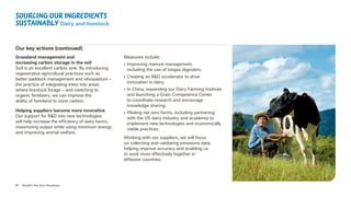 11 Nestlé’s Net Zero Roadmap
Our key actions (continued)
Grassland management and
increasing carbon storage in the soil
Soil is an excellent carbon sink. By introducing
regenerative agricultural practices such as
better paddock management and silvopasture –
the practice of integrating trees into areas
where livestock forage – and switching to
organic fertilizers, we can improve the
ability of farmland to store carbon.
Helping suppliers become more innovative
Our support for RD into new technologies
will help increase the efficiency of dairy farms,
maximizing output while using minimum energy
and improving animal welfare.
Measures include:
• Improving manure management,
including the use of biogas digesters.
• Creating an RD accelerator to drive
innovation in dairy.
• In China, expanding our Dairy Farming Institute
and launching a Grain Competence Center
to coordinate research and encourage
knowledge sharing.
• Piloting net zero farms, including partnering
with the US dairy industry and academia to
implement new technologies and economically
viable practices.
Working with our suppliers, we will focus
on collecting and validating emissions data,
helping improve accuracy and enabling us
to work more effectively together in
different countries.
Sourcing our ingredients
sustainably Dairy and livestock
 