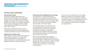 16 Nestlé’s Net Zero Roadmap
Our key actions (continued)
Improving soil health
Improving soil health makes land more
productive. We will help improve agricultural
practices such as no tillage, cover cropping,
multiple crop rotation and switching to organic
fertilizers for most of our soil-grown ingredients.
These practices will support nutrient uptake,
water retention and fertility, and restore the
soil’s carbon content.
Composting of agricultural waste, such as
empty fruit bunches from palm oil plantations,
is another inexpensive way of enriching the soil.
Agroforestry in border areas
Field margins and farm borders offer important
opportunities to support our climate goals.
Forest and peatlands can be restored, or
specific projects such as windbreaks introduced,
helping to enhance ecosystem resilience.
Preventing and remediating land use change
The conversion of natural landscapes for
ingredients in our supply chain is estimated
to account for between 25 and 35% of our total
ingredient emissions. For key crop supply chains,
such as cocoa, coffee, palm oil and soybean,
the proportion can be even higher.
Our zero deforestation commitment forms
a critical element of our journey to net zero.
Alongside new partnerships and initiatives,
farm‑level assessments, sustainability
certifications and satellite monitoring systems
will continuously scrutinize and prevent forest
cover and land use change.
Where forest degradation has happened,
we have ambitious reforestation plans and are
set to plant at least 3 million trees in key sourcing
locations by 2021, and a further 3 million by 2023.
We have also invested CHF 2.5 million in
critical forest conservation and restoration
in Côte d’Ivoire.
This is the start of a broader and much larger
global conservation and restoration strategy
to remove more carbon and deliver important
ecosystem services in the landscapes we source
from. Our ambition is to make conservation
and restoration standard practice throughout
our supply chains.
Sourcing our ingredients
sustainably Soil and forests
 