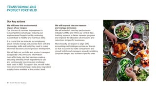 20 Nestlé’s Net Zero Roadmap
Our key actions
We will lower the environmental
impact of our recipes
Our process of constant improvement is
our competitive advantage, reducing our
environmental footprint while continuing
to contribute to healthy and nutritious diets.
It is crucial that we educate our employees
about climate change and provide them with the
knowledge, skills and tools they need to make
informed decisions around product development.
We will help our portfolio and product managers
incorporate GHG emissions information
more effectively into their decision-making,
including selecting which ingredients to use
and continuously improving our ecodesign
tools used in RD. To support this, we will make
more environmental impact data about ingredient
supply chains available at the product level.
We will improve how we measure
and manage emissions
We will establish clear key performance
indicators (KPIs) and refine our central data
tracking systems to better measure progress
and improve the allocation of emissions and
reductions to specific businesses.
More broadly, we expect to align GHG
accounting methodologies across our brands
so that it is easier to make comparisons and
consult with brand managers around translating
corporate targets into business-specific ones.
Transforming our
product portfolio
 