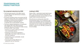 22 Nestlé’s Net Zero Roadmap
Our projected reductions by 2030
• The forecasted growth of 44 million tonnes
of CO2e refers to the total forecast company
growth by 2030.
• As product portfolio actions encompass the full
scope of a product life cycle, including sourcing,
packaging, manufacturing and logistics,
we have chosen to showcase them in
a separate way to avoid double counting.
• The levers already identified by our businesses
will mitigate 14% of the GHG emissions
associated with our forecasted 44 million tonnes
of CO2e by 2030. They include:
• Evolving our product offering to include
more sustainable options.
• Switching to plant-based ingredients –
specifically in our frozen meals and pizzas
and dairy categories.
• Implementing more sustainable, circular
business models.
• Improving the energy efficiency of
equipment such as machines.
Transforming our
product portfolio
Looking to 2050
Dietary shifts – particularly toward plant-based
diets – are the most important thing that we,
as a global community, can do to keep our food
system within environmental limits.
We will strive to continuously reduce the
environmental impact of our ingredients and
recipes and investigate ways to transparently
communicate these impacts. By engaging with
consumers, we can increase demand for these
products, which in turn will help us toward our
net zero pledge.
 