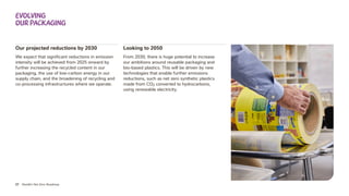 27 Nestlé’s Net Zero Roadmap
Our projected reductions by 2030
We expect that significant reductions in emission
intensity will be achieved from 2025 onward by
further increasing the recycled content in our
packaging, the use of low-carbon energy in our
supply chain, and the broadening of recycling and
co-processing infrastructures where we operate.
Looking to 2050
From 2030, there is huge potential to increase
our ambitions around reusable packaging and
bio‑based plastics. This will be driven by new
technologies that enable further emissions
reductions, such as net zero synthetic plastics
made from CO2 converted to hydrocarbons,
using renewable electricity.
evolving
our Packaging
 