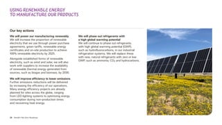 29 Nestlé’s Net Zero Roadmap
Our key actions
We will power our manufacturing renewably
We will increase the proportion of renewable
electricity that we use through power purchase
agreements, green tariffs, renewable energy
certificates and on-site production to achieve
100% renewable electricity by 2025.
Alongside established forms of renewable
electricity, such as wind and solar, we will also
work with suppliers to increase the availability
of renewable thermal energy generated from
sources, such as biogas and biomass, by 2030.
We will improve efficiency to lower emissions
Further emissions reductions will be delivered
by increasing the efficiency of our operations.
Many energy efficiency projects are already
planned for sites across the globe, ranging
from LED lighting systems to optimizing energy
consumption during non-production times
and recovering heat energy.
We will phase out refrigerants with
a high global warming potential
We will continue to phase out refrigerants
with high global warming potential (GWP),
such as hydrofluorocarbons, in our industrial
refrigeration systems. We will replace these
with new, natural refrigerants with zero or low
GWP, such as ammonia, CO2 and hydrocarbons.
Using renewable energy
to manufacture our products
 