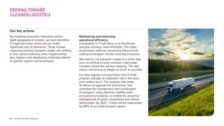 33 Nestlé’s Net Zero Roadmap
Our key actions
By modeling emissions reductions across
eight geographical clusters, we have identified
11 important areas where we can make
significant cuts to emissions. These include
improving existing transport modes and shifting
to less carbon-intensive ones, implementing
lean logistics and developing roadmaps tailored
to specific regions and businesses.
Maintaining and improving
operational efficiency
Investments in IT will allow us to fill vehicles
and plan journeys more efficiently. This helps
avoid empty miles by connecting inbound and
outbound transport, further reducing emissions.
We need to use transport modes in a smart way,
such as shifting to lower emission intermodal
transport routes like rail and shipping. This also
means minimizing air freight as much as possible.
Our lean-logistics transportation hub (T-Hub)
program will play an important role in the short
and medium term. The program will create
19 offices at regional and local levels, and
centralize the management and coordination
of transport, using real-time visibility tools
and advanced analytics to enable the proactive
management of goods movements and vehicle
optimization. By 2022, T-Hubs will be responsible
for 80% of our total transport spend.
Driving toward
cleaner logistics
 