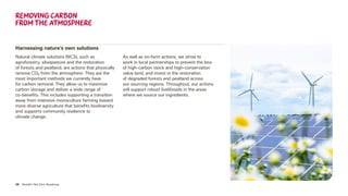 38 Nestlé’s Net Zero Roadmap
Harnessing nature’s own solutions
Natural climate solutions (NCS), such as
agroforestry, silvopasture and the restoration
of forests and peatland, are actions that physically
remove CO2 from the atmosphere. They are the
most important methods we currently have
for carbon removal. They allow us to maximize
carbon storage and deliver a wide range of
co-benefits. This includes supporting a transition
away from intensive monoculture farming toward
more diverse agriculture that benefits biodiversity
and supports community resilience to
climate change.
As well as on-farm actions, we strive to
work in local partnerships to prevent the loss
of high-carbon stock and high-conservation
value land, and invest in the restoration
of degraded forests and peatland across
our sourcing regions. Throughout, our actions
will support robust livelihoods in the areas
where we source our ingredients.
Removing carbon
from the atmosphere
 