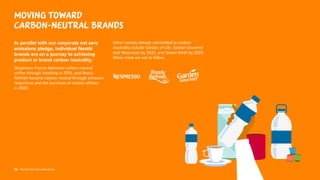 40 Nestlé’s Net Zero Roadmap
Moving toward
carbon-neutral brands
In parallel with our corporate net zero
emissions pledge, individual Nestlé
brands are on a journey to achieving
product or brand carbon neutrality.
Nespresso France delivered carbon-neutral
coffee through insetting in 2016, and Ready
Refresh became carbon neutral through emission
reductions and the purchase of carbon offsets
in 2020.
Other brands already committed to carbon
neutrality include Garden of Life, Garden Gourmet
and Nespresso by 2022, and Sweet Earth by 2025.
Many more are set to follow.
40 Nestlé’s Net Zero Roadmap
 