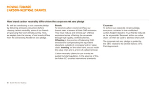 42 Nestlé’s Net Zero Roadmap
How brand carbon neutrality differs from the corporate net zero pledge
As well as contributing to our corporate pledge
by delivering emissions reductions before
claiming carbon neutrality, some of our brands
are pursuing their own climate journey. Here,
we explain how the journey of our brands differs
from the overarching Nestlé net zero pledge.
Brands
To become carbon-neutral certified, our
brands need to assess all their GHG emissions.
They must reduce and remove part of these
emissions before offsetting the remainder
through high-quality, verified schemes.
Offsetting is the practice of balancing GHG
emissions by compensating the equivalent
elsewhere, outside of a company’s direct value
chain. Insetting, on the other hand, occurs inside
the value chain and is a form of carbon removal.
Carbon neutrality claims for our brands are
guided by local regulation. In the absence of this,
we follow ISO or other international standards.
Corporate
To achieve our corporate net zero pledge,
emissions contained in the established
carbon footprint baseline must first be reduced
as far as possible. Removals within our value
chain can then be used to address what is left.
The corporate net zero pledge is guided by
the SBTi, related to the United Nations 1.5°C
Paris Agreement.
Moving toward
carbon-neutral brands
 