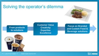 Nestlé Investor Seminar 2014June 3rd & 4th, Boston
From products
to solutions
Customer Value
Creativity
Expertise
Excellence
Focus on Branded
and Custom Food &
Beverage solutions
Solving the operator’s dilemma
9
 