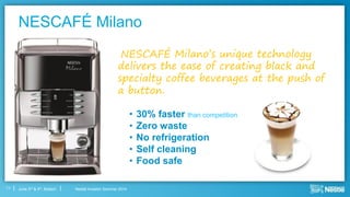 Nestlé Investor Seminar 2014June 3rd & 4th, Boston
NESCAFÉ Milano
11
• 30% faster than competition
• Zero waste
• No refrigeration
• Self cleaning
• Food safe
NESCAFÉ Milano’s unique technology
delivers the ease of creating black and
specialty coffee beverages at the push of
a button.
 