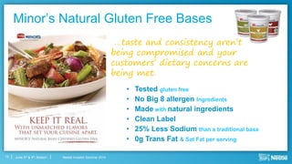 Nestlé Investor Seminar 2014June 3rd & 4th, Boston
Minor’s Natural Gluten Free Bases
• Tested gluten free
• No Big 8 allergen Ingredients
• Made with natural ingredients
• Clean Label
• 25% Less Sodium than a traditional base
• 0g Trans Fat & Sat Fat per serving
12
…taste and consistency aren’t
being compromised and your
customers’ dietary concerns are
being met.
 