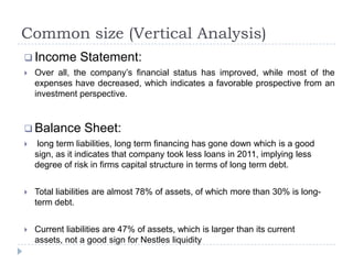 Common size (Vertical Analysis)
 Income Statement:
 Over all, the company’s financial status has improved, while most of the
expenses have decreased, which indicates a favorable prospective from an
investment perspective.
 Balance Sheet:
 long term liabilities, long term financing has gone down which is a good
sign, as it indicates that company took less loans in 2011, implying less
degree of risk in firms capital structure in terms of long term debt.
 Total liabilities are almost 78% of assets, of which more than 30% is long-
term debt.
 Current liabilities are 47% of assets, which is larger than its current
assets, not a good sign for Nestles liquidity
 