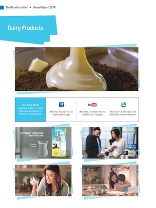 Nestlé India Limited • Annual Report 2014
Dairy Products
The MILKMAID
website is No.1 in the
Recipes Category in
terms of time-spent.
More than 2.1 Million views for
the EVERYDAY campaign
More than 450,000 fans on
the MILKMAID page
More than 1.8 lakh visits to the
MILKMAID website every month
 