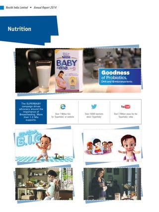 Nestlé India Limited • Annual Report 2014
Over 15000 mentions
about ‘Superbaby’
Over 2 Million views for the
video‘Superbaby’
Over 1 Million hits
for ‘Superbaby’ on website
Nutrition
The SUPERBABY
campaign drives
advocacy around the
importance of
Breastfeeding. More
than 1.2 Mio
supports.
 