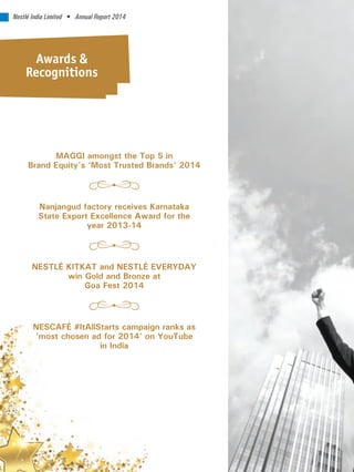 Awards &
Recognitions
NESTLÉ KITKAT and NESTLÉ EVERYDAY
win Gold and Bronze at
Goa Fest 2014
MAGGI amongst the Top 5 in
Brand Equity’s ‘Most Trusted Brands’ 2014
Nanjangud factory receives Karnataka
State Export Excellence Award for the
year 2013-14
NESCAFÉ #ItAllStarts campaign ranks as
‘most chosen ad for 2014' on YouTube
in India
Nestlé India Limited • Annual Report 2014
 