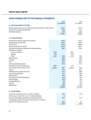 50
NESTLÉ INDIA LIMITED
2014
(` in millions)
2013
(` in millions)
22 - EMPLOYEE BENEFITS EXPENSE
Salaries, wages, bonus, pension, gratuity, performance incentives etc. (Refer note 41) 6,873.4 6,191.8
Contribution to provident and other funds 258.2 221.3
Staff welfare expenses 417.5 443.8
7,549.1 6,856.9
23 - OTHER EXPENSES
Finished goods handling, transport and distribution 4,794.5 4,373.5
Advertising and sales promotion 4,454.7 3,954.8
Power and fuel 3,843.3 3,853.8
General licence fees (net of taxes) 3,512.0 3,087.1
Information technology and management information systems 886.7 802.2
Maintenance and repairs
Plant and machinery 650.6 559.7
Buildings 83.3 122.6
Others 135.6 869.5 103.7 786.0
Rates and taxes 802.0 716.9
Travelling 686.0 704.2
Rent 681.6 607.3
Contract manufacturing charges 661.8 714.7
Consumption of stores and spare parts 832.5 714.4
Less: Charge to other revenue accounts (341.8) 490.7 (291.8) 422.6
Training 379.3 257.4
Withholding tax on general licence fees 351.3 308.8
Laboratory (quality testing) 191.0 166.8
Market research 163.8 168.6
Milk collection and district development 161.8 175.9
Security charges 109.8 95.5
Exchange differences 98.8 179.3
Insurance 29.8 28.3
Miscellaneous 845.0 772.6
24,013.4 22,176.3
24 - OTHER INCOME
Dividend on mutual funds, current - non trade investments 103.7 107.3
Profit on sale of mutual funds, current - non trade investments 1.6 -
Interest on bank deposits, investments and employee loans etc. 587.7 717.2
(Tax deducted at source ` 38.4 millions, Previous year ` 41.4 millions)
Interest on tax free long term bonds 180.2 6.4
873.2 830.9
Notes forming part ofthe financial statements
 