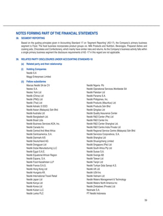 59
38.	 Segment reporting
Based on the guiding principles given in Accounting Standard 17 on ‘Segment Reporting’ (AS-17), the Company’s primary business
segment is Food. The food business incorporates product groups viz. Milk Products and Nutrition, Beverages, Prepared dishes and
cooking aids, Chocolates and Confectionery, which mainly have similar risks and returns. As the Company’s business activity falls within
a single primary business segment the disclosure requirements of AS -17 in this regard are not applicable.
39.	 Related party disclosures under Accounting Standard-18
(a)	 Related party and their relationship
(i) Holding Companies
Nestlé S.A
Maggi Enterprises Limited
(ii) Fellow subsidiaries
Marcas Nestlé SA de CV Nestlé Nigeria Plc
Nestec S.A. Nestlé Operational Services Worldwide SA
Nestec York Ltd Nestlé Pakistan Ltd
Nestlé (China) Ltd Nestlé Panama S.A.
Nestlé (PNG) Ltd Nestlé Philippines, Inc.
Nestlé (Thai) Ltd Nestlé Products (Mauritius) Ltd
Nestlé Adriatic S DOO Nestlé Products Sdn Bhd
Nestlé Asean (Malaysia) Sdn Bhd Nestlé Qingdao Ltd
Nestlé Australia Ltd Nestlé Quality Assurance Center
Nestlé Bangladesh Ltd. Nestlé RD Center (Pte) Ltd
Nestlé Brasil Ltda Nestlé RD Center Inc
Nestlé Business Services AOA, Inc. Nestlé RD Center Shanghai Ltd.
Nestlé Canada Inc Nestlé RD Centre India Private Ltd
Nestlé Central And West Africa Nestlé Regional Service Centre (Malaysia) Sdn Bhd
Nestlé Centroamerica, S.A. Nestlé Servicios Corporativos, S.A.
Nestlé Danmark A/S Nestlé Shanghai Ltd
Nestlé Deutschland AG Nestlé Shuangcheng Limited
Nestlé Dongguan Ltd Nestlé Singapore (Pte) Ltd
Nestlé Dubai Manufacturing LLC Nestlé South Africa Pty Ltd
Nestlé Egypt S.A.E. Nestlé Suisse S.A.
Nestlé Equatorial African Region Nestlé Sverige AB
Nestlé Espana, S.A. Nestlé Taiwan Ltd
Nestlé Food Kazakhstan LLP Nestlé Tianjin Ltd
Nestlé France S.A.S. Nestlé Turkiye Gida Sanayi A.S.
Nestlé Hong Kong Ltd Nestlé UK Ltd
Nestlé Hungaria Kft. Nestlé USA Inc
Nestlé International Travel Retail Nestlé Vietnam Ltd
Nestlé Japan Ltd Nestlé Waters Management  Technology
Nestlé Kenya Ltd Nestlé Waters North America Inc
Nestlé Korea Ltd Nestlé Zimbabwe (Private) Ltd
Nestlé Kuban LLC Nestrade S.A.
Nestlé Lanka PLC PT Nestlé Indonesia
Notes forming part ofthe financial statements
 