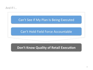 And	
  If	
  I…	
  
4	
  
Can’t	
  See	
  If	
  My	
  Plan	
  Is	
  Being	
  Executed	
  
Can’t	
  Hold	
  Field	
  Force	
  Accountable	
  
Don’t	
  Know	
  Quality	
  of	
  Retail	
  ExecuCon	
  
 