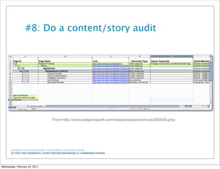 NAZARETH COLLEGE & ZEHNO CROSS MEDIA COMMUNICATIONS
20 TIPS FOR POWERFUL STORY-DRIVEN BRANDING & COMMUNICATIONS
#8: Do a content/story audit
From http://www.adaptivepath.com/ideas/essays/archives/000040.php
Wednesday, February 23, 2011
 