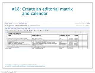 NAZARETH COLLEGE & ZEHNO CROSS MEDIA COMMUNICATIONS
20 TIPS FOR POWERFUL STORY-DRIVEN BRANDING & COMMUNICATIONS
#18: Create an editorial matrix
and calendar
Wednesday, February 23, 2011
 