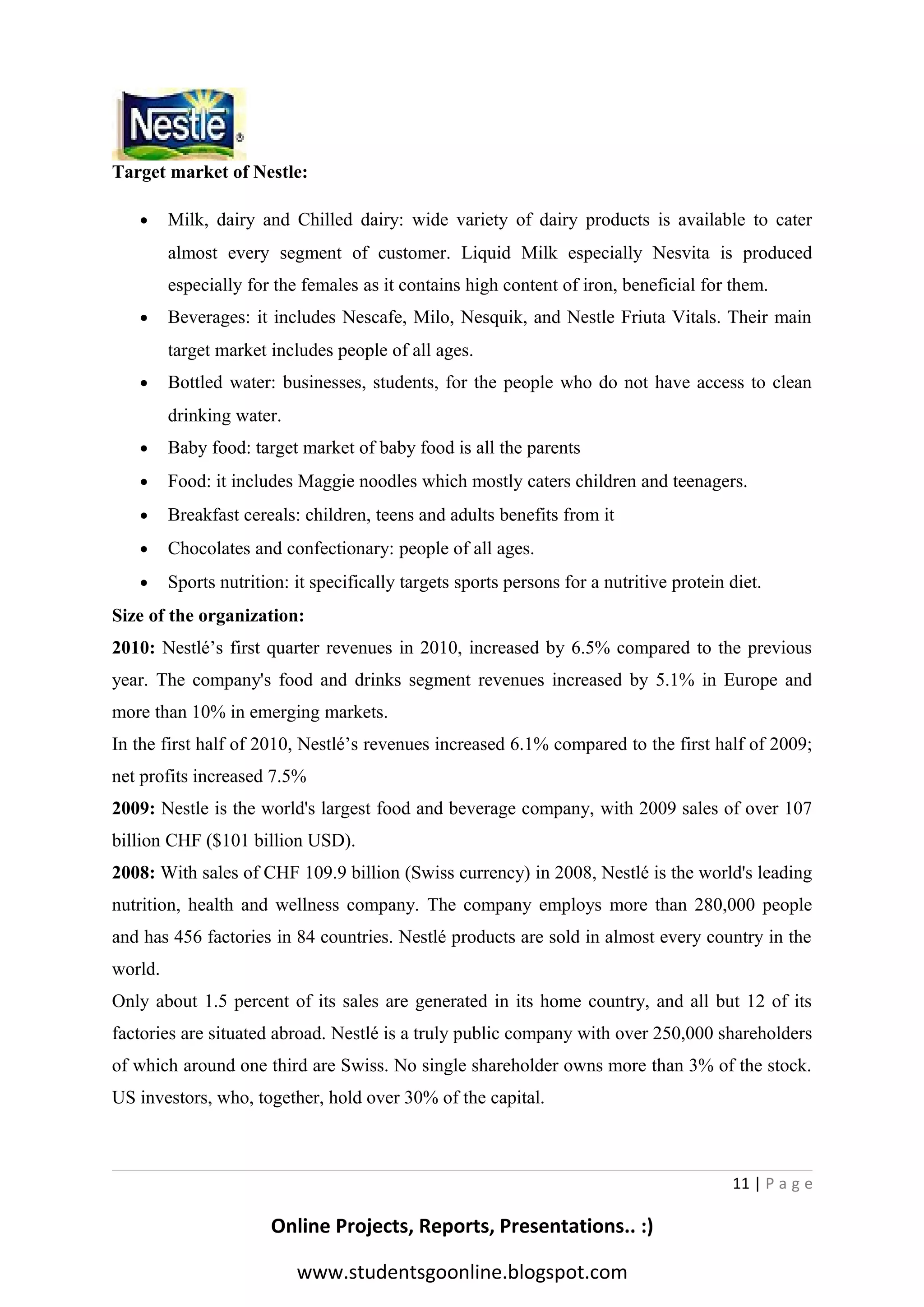 Target market of Nestle:
•

Milk, dairy and Chilled dairy: wide variety of dairy products is available to cater
almost every segment of customer. Liquid Milk especially Nesvita is produced
especially for the females as it contains high content of iron, beneficial for them.

•

Beverages: it includes Nescafe, Milo, Nesquik, and Nestle Friuta Vitals. Their main
target market includes people of all ages.

•

Bottled water: businesses, students, for the people who do not have access to clean
drinking water.

•

Baby food: target market of baby food is all the parents

•

Food: it includes Maggie noodles which mostly caters children and teenagers.

•

Breakfast cereals: children, teens and adults benefits from it

•

Chocolates and confectionary: people of all ages.

•

Sports nutrition: it specifically targets sports persons for a nutritive protein diet.

Size of the organization:
2010: Nestlé’s first quarter revenues in 2010, increased by 6.5% compared to the previous
year. The company's food and drinks segment revenues increased by 5.1% in Europe and
more than 10% in emerging markets.
In the first half of 2010, Nestlé’s revenues increased 6.1% compared to the first half of 2009;
net profits increased 7.5%
2009: Nestle is the world's largest food and beverage company, with 2009 sales of over 107
billion CHF ($101 billion USD).
2008: With sales of CHF 109.9 billion (Swiss currency) in 2008, Nestlé is the world's leading
nutrition, health and wellness company. The company employs more than 280,000 people
and has 456 factories in 84 countries. Nestlé products are sold in almost every country in the
world.
Only about 1.5 percent of its sales are generated in its home country, and all but 12 of its
factories are situated abroad. Nestlé is a truly public company with over 250,000 shareholders
of which around one third are Swiss. No single shareholder owns more than 3% of the stock.
US investors, who, together, hold over 30% of the capital.

11 | P a g e

Online Projects, Reports, Presentations.. :)
www.studentsgoonline.blogspot.com

 
