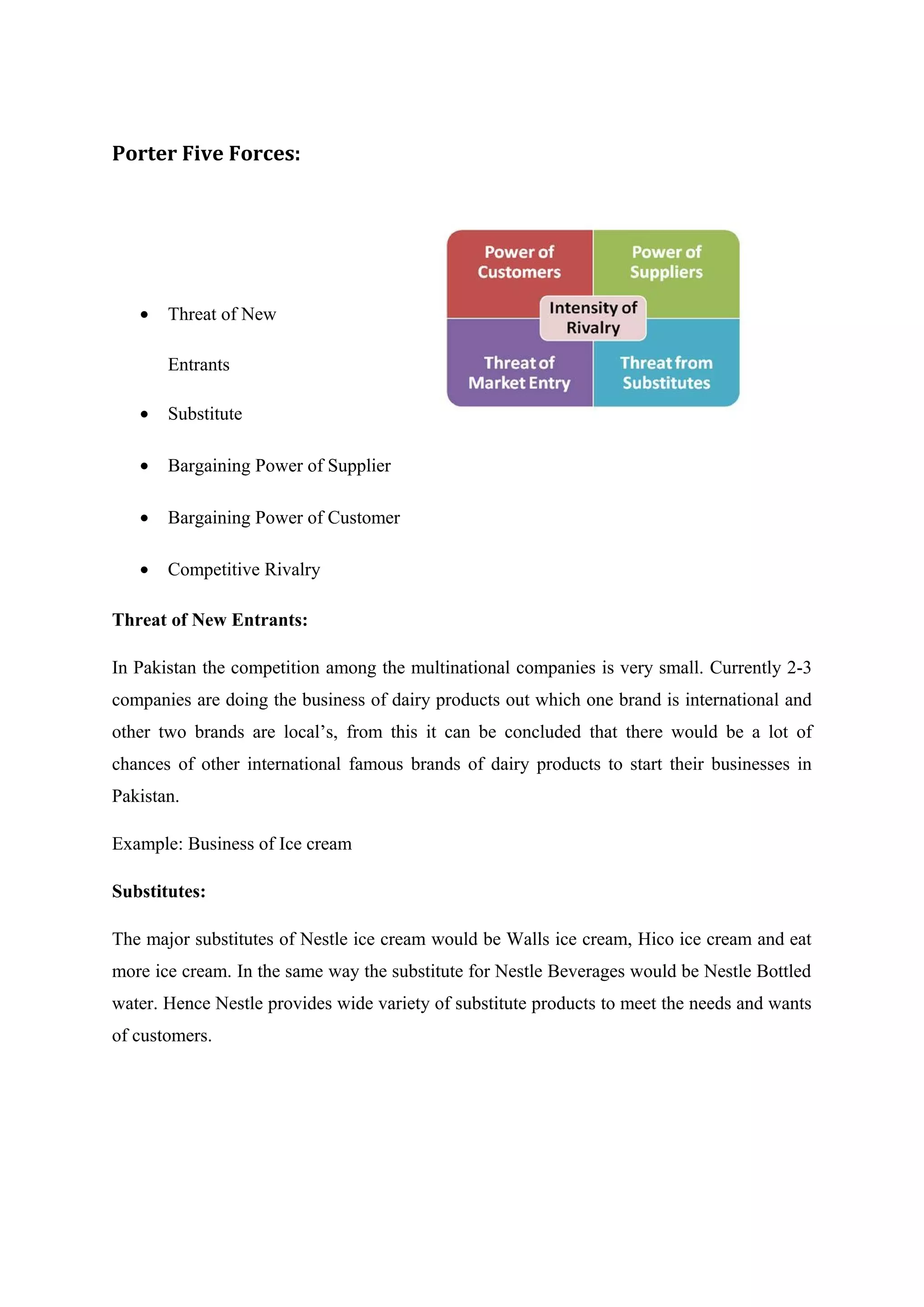 Porter Five Forces:

•

Threat of New
Entrants

•

Substitute

•

Bargaining Power of Supplier

•

Bargaining Power of Customer

•

Competitive Rivalry

Threat of New Entrants:
In Pakistan the competition among the multinational companies is very small. Currently 2-3
companies are doing the business of dairy products out which one brand is international and
other two brands are local’s, from this it can be concluded that there would be a lot of
chances of other international famous brands of dairy products to start their businesses in
Pakistan.
Example: Business of Ice cream
Substitutes:
The major substitutes of Nestle ice cream would be Walls ice cream, Hico ice cream and eat
more ice cream. In the same way the substitute for Nestle Beverages would be Nestle Bottled
water. Hence Nestle provides wide variety of substitute products to meet the needs and wants
of customers.

 