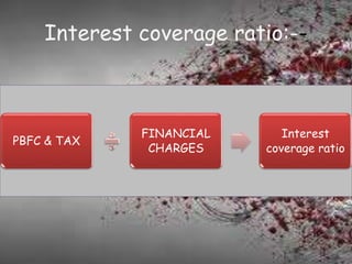 Interest coverage ratio:--
PBFC & TAX
FINANCIAL
CHARGES
Interest
coverage ratio
 