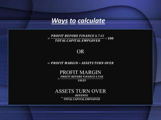 Ways to calculate
=
𝑷𝑹𝑶𝑭𝑰𝑻 𝑩𝑬𝑭𝑶𝑹𝑬 𝑭𝑰𝑵𝑨𝑵𝑪𝑬 & 𝑇𝐴𝑋
𝑻𝑶𝑻𝑨𝑳 𝑪𝑨𝑷𝑰𝑻𝑨𝑳 𝑬𝑴𝑷𝑳𝑶𝒀𝑬𝑫
∗ 𝟏𝟎𝟎
OR
= 𝑷𝑹𝑶𝑭𝑰𝑻 𝑴𝑨𝑹𝑮𝑰𝑵 ∗ 𝑨𝑺𝑺𝑬𝑻𝑺 𝑻𝑼𝑹𝑵 𝑶𝑽𝑬𝑹
PROFIT MARGIN
=
𝑷𝑹𝑶𝑭𝑰𝑻 𝑩𝑬𝑭𝑶𝑹𝑬 𝑭𝑰𝑵𝑨𝑵𝑪𝑬 & 𝑻𝑨𝑿
𝑺𝑨𝑳𝑬𝑺
ASSETS TURN OVER
=
𝑹𝑬𝑽𝑬𝑵𝑼𝑬
𝑻𝑶𝑻𝑨𝑳 𝑪𝑨𝑷𝑰𝑻𝑨𝑳 𝑬𝑴𝑷𝑳𝑶𝒀𝑬𝑫
 