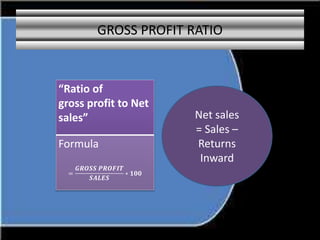 GROSS PROFIT RATIO
“Ratio of
gross profit to Net
sales”
Formula
=
𝑮𝑹𝑶𝑺𝑺 𝑷𝑹𝑶𝑭𝑰𝑻
𝑺𝑨𝑳𝑬𝑺
∗ 𝟏𝟎𝟎
Net sales
= Sales –
Returns
Inward
 