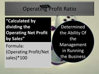 Operating Profit Ratio
“Calculated by
dividing the
Operating Net Profit
by Sales”
Formula:
(Operating Profit/Net
sales)*100
Determined
the Ability Of
the
Management
in Running
the Business
 