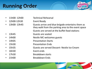 Running Order
 • 11h00- 12h00   Technical Rehearsal
 • 12h00-12h30    Event Ready
 • 13h00- 13h45   Guests arrive and blue brigade entertains them as
                  they walk from the parking area to the event space
                  Guests are served at the buffet food stations
 •   13h45        Guests are seated
 •   14h00        Nestle MC welcomes guests
 •   14h05        Presentation Starts
 •   15h30        Presentation Ends
 •   15h35        Guests are served Dessert- Nestle Ice Cream
 •   16h30        Event ends
 •   17h30        Breakdown starts
 •   21h00        Breakdown Ends
 