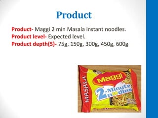 Product
Product- Maggi 2 min Masala instant noodles.
Product level- Expected level.
Product depth(5)- 75g, 150g, 300g, 450g, 600g

 