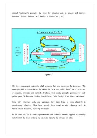 external “customers”; promotes the need for objective data to analyze and improve
processes. Source: Graham, N.O. Quality in Health Care (1995).
Figure: 2
CQI is a management philosophy which contends that most things can be improved. This
philosophy does not subscribe to the theory that “if it ain’t broke, doesn’t fix it.” It is a set
of concepts, principles and methods developed from quality principles proposed by early
quality gurus, W. Edwards Deming, Joseph Juran, Philip Crosby, Brian Joiner, and others.
These CQI principles, tools, and techniques have been found to work effectively in
manufacturing industries. They have recently been found to also effectively work in
human service industries, including healthcare.
At the core of CQI is serial experimentation (the scientific method) applied to everyday
work to meet the needs of those we serve and improve the services we offer.
 