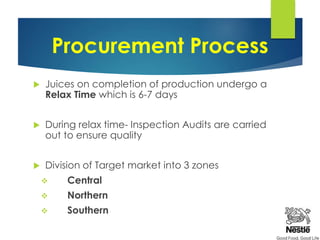 Procurement Process
 Juices on completion of production undergo a
Relax Time which is 6-7 days
 During relax time- Inspection Audits are carried
out to ensure quality
 Division of Target market into 3 zones
 Central
 Northern
 Southern
 